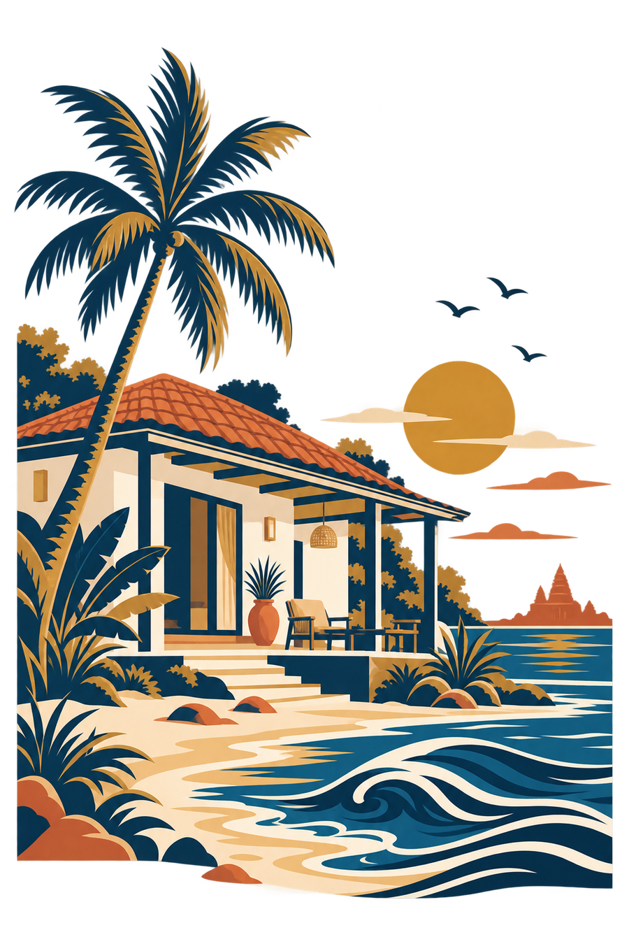 Illustration of a coastal homestay veranda beside a palm tree, with the Shore Temple visible across the water