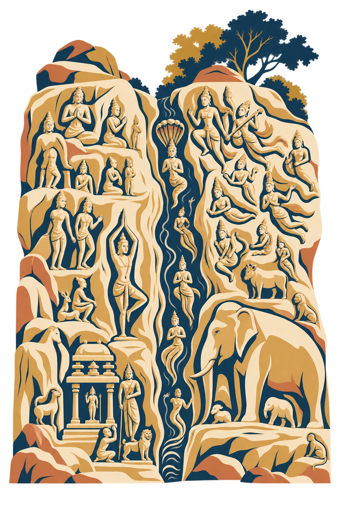 Illustration of the Arjuna's Penance rock relief carving at Mahabalipuram