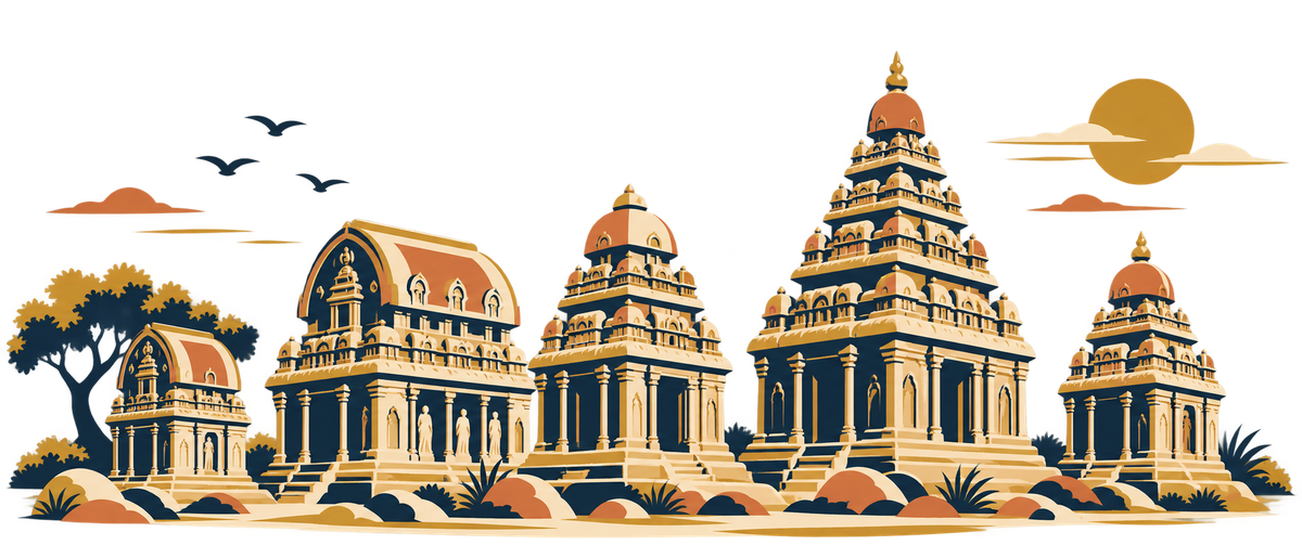 Illustration of the Five Rathas monolithic temples of Mahabalipuram
