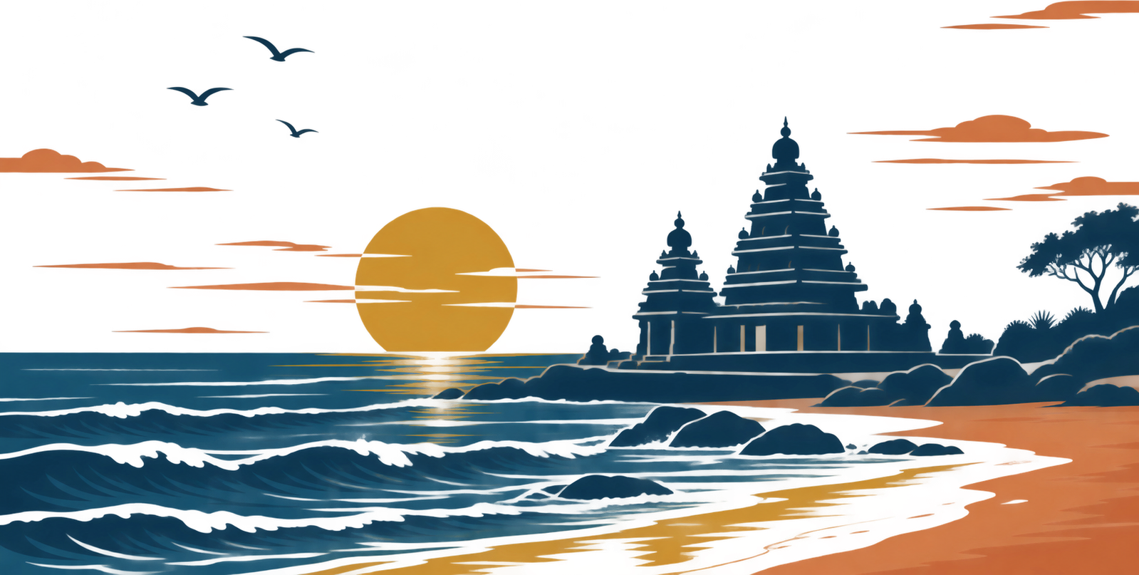Illustration of the Shore Temple at sunset over the Bay of Bengal, with birds in flight
